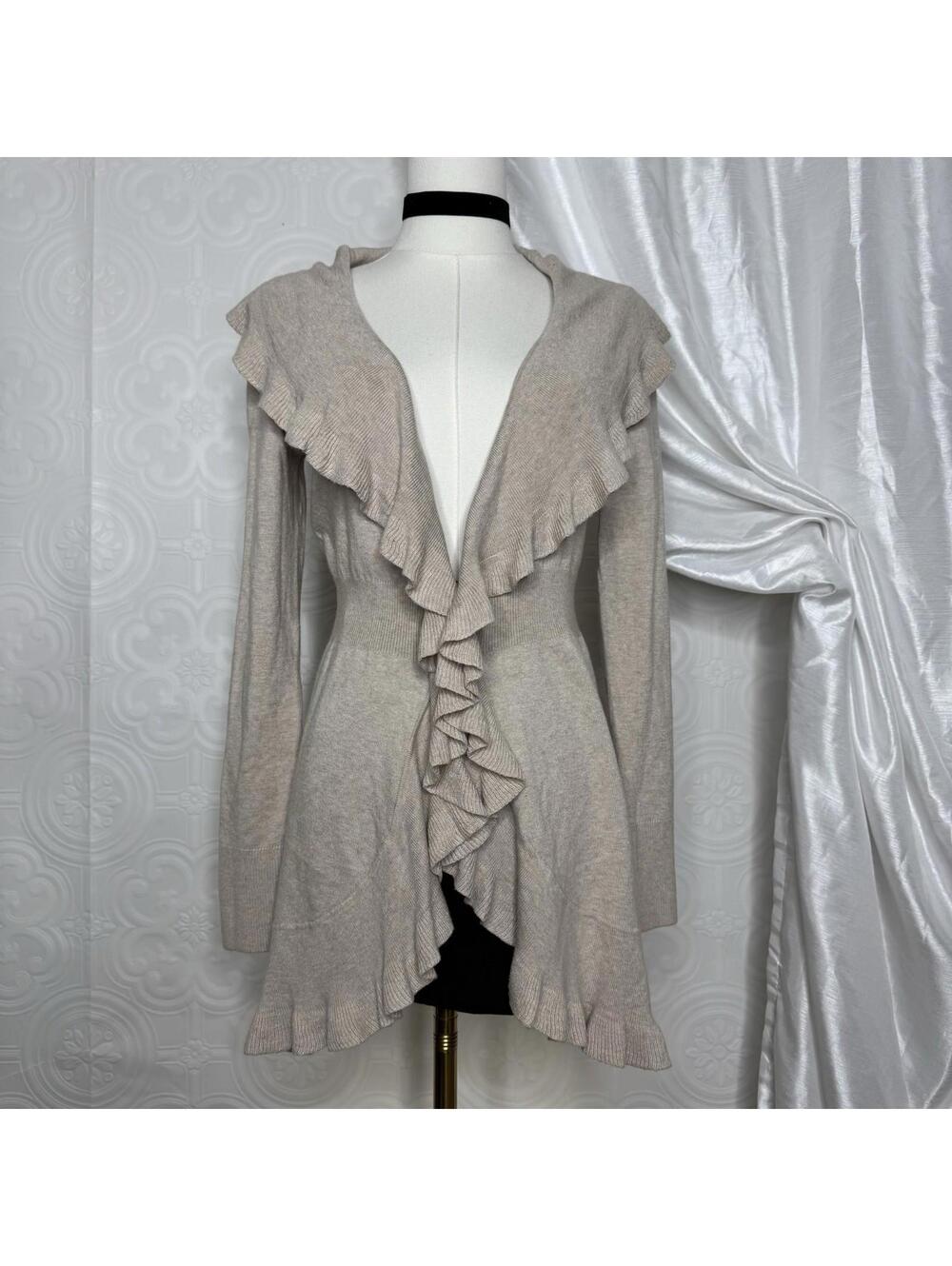 White House Black Market Beige Long Ruffle Cardigan Size XS